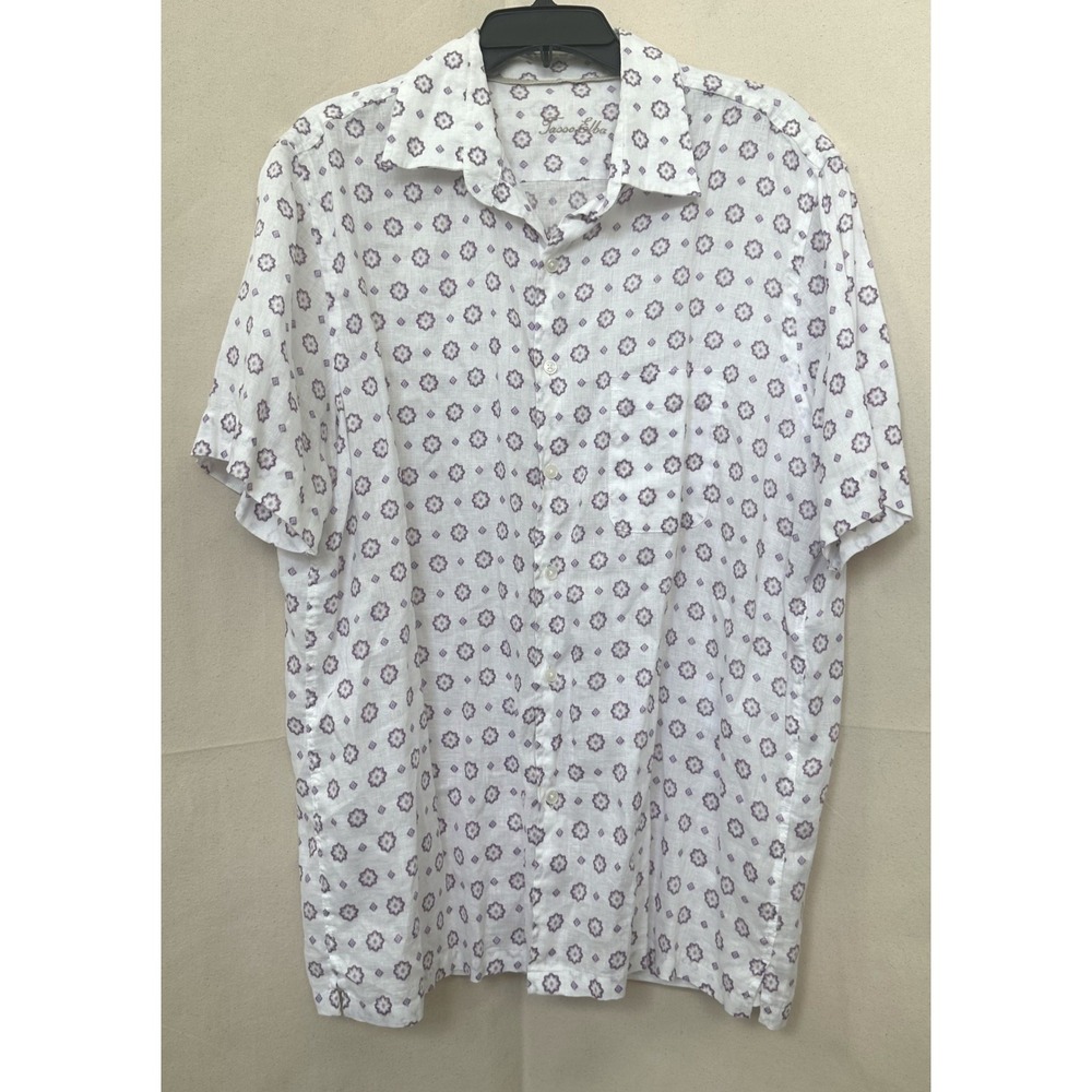 Tasso Elba Island Mens Sz L 16-16 1/2 100% Linen S/S Button Down Shirt Medallion